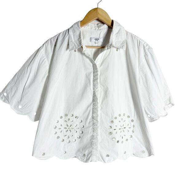 Jason Wu White Scalloped Eyelet Short Sleeve Cottage Button Up Blouse Size 8 - Picture 5 of 10